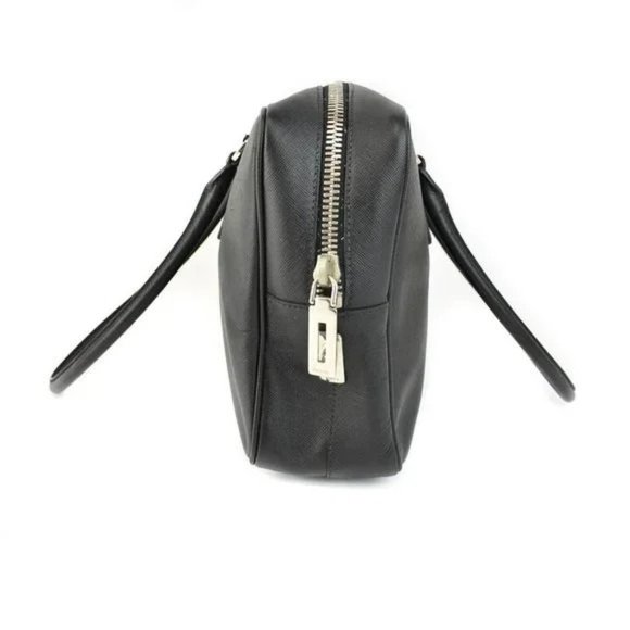 PRADA: Black, Saffiano Leather & Silver Logo Tote Bag - Picture 11 of 12